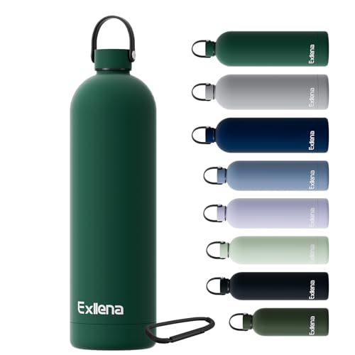 Exllena Trinkflasche Edelstahl mit Griff & Karabiner–500ml/750ml/1L/1,5L isolierte Thermosflasche, 100% auslaufsicher und BPA-frei, Wasserflasche thermo für Sport, Büro & Alltag (Smaragdgrün,1500ML)