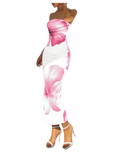 Image of Milumia Women's Floral Strapless Bodycon Maxi Dress Summer Mesh Tube Top Dresses