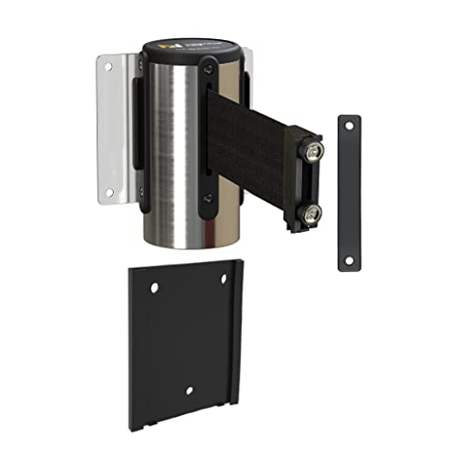 Montour Line WM115 Wall Mounted Retractable Belt Barrier with Magnetic Belt End, Removable Mount, Polished Stainless Steel Casing (11 ft Black Belt)