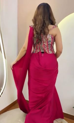 Image of Embellished, Embroidered trending ready-to-wear heavy crepe Silk with embroidery sequence cording work Saree with Full Stitched Blouse
