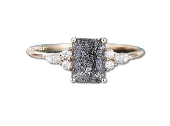 Emerald Cut Black Rutilated Quartz Ring, Delicate Cz Engagement Ring, Wedding Ring Set for Women, Christmas Gift, Bridal Ring, 925 Sterling Silver Ring