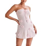 women's pink knit tube dress 3D floral strapless dress drawstring bodycon knitted beach mini dres...