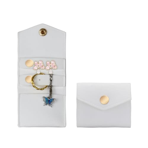 AfitLulu Mini bolsa enrollable de joyería de viaje con hebilla, estuche de joyería portátil plegable de viaje, bolsas de joyería pequeñas de microfibra para anillos, aretes, collares (blanco)