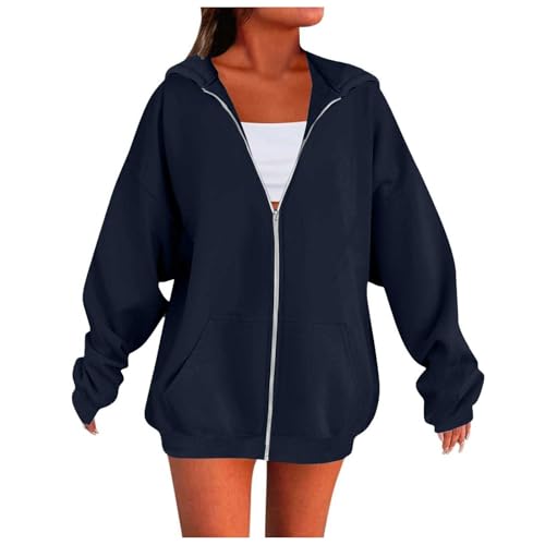 Image of Oversized Zipped Hoodie Women Hoodies for Women UK Relaxed Long Sleeve Hoodies Solid Full Zip Oversized Sweatshirt Casual Hoodedd Jackets with Pockets Soft Zip Up Hoodie
