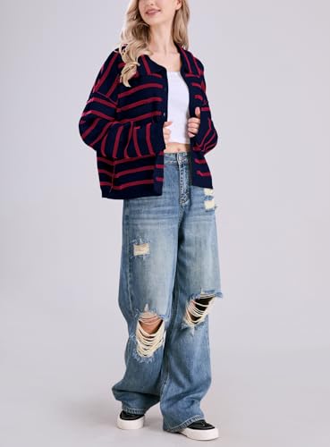 Image of chouyatou Women's Button Down Striped Cardigan Sweater Polo Collar Open Front Knit Jacket 2024 Fall Outfits