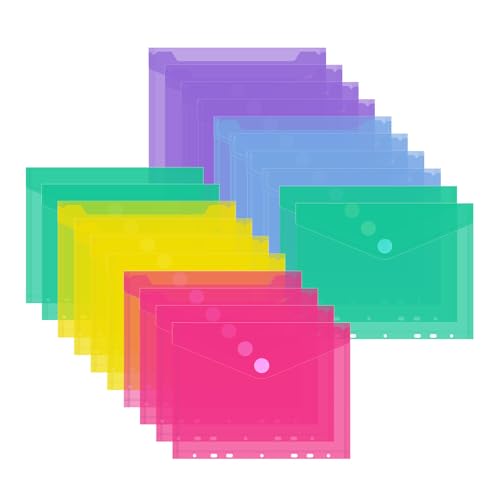 JEFURE A5 Dokumententasche 20 Stück 5 Farben Dokumentenmappe Wasserdichte Mappen mit 7 Löchern Klettverschluss Durchsichtigen Plastischen Sammelmappen für Dokumente Organisation