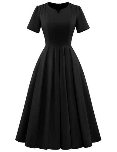 Wedtrend 1950er Jahre Damenkleid, Vintage-Kleid, kurze Ärmel, Arbeit, Kirche, Tee-Länge, Cocktailkleid mit Tasche, Schwarz, Groß