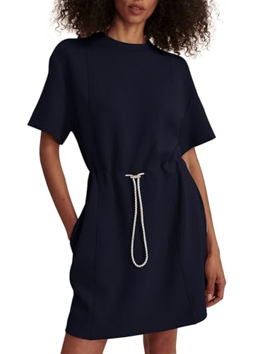 Image of COCOMARTS Dresses for Women Summer Short Sleeve Crew Neck Sweatshirt Dress Drawstring Waist Tunic Tops Mini Vacation Sundress