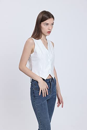 Sigrteyh Pinstripe Y2K Vests For Women Cropped Button Front Causal Sleeveless Waistcoat Suit Vest Top (Medium,White) #TOP2