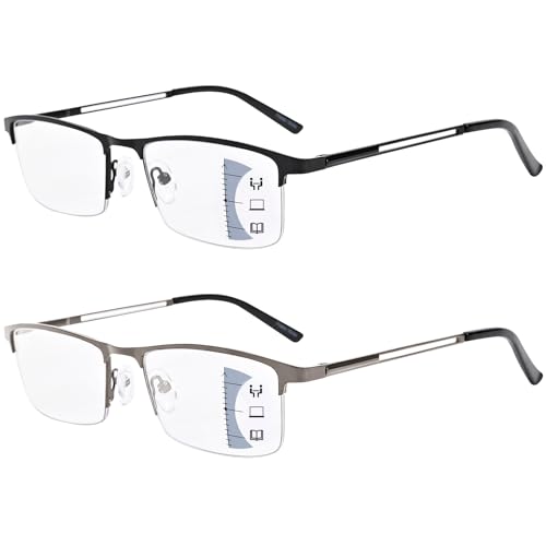 EVANLCAP Premium 2 Pack Multifocal Progressive Reading Glasses Men, Blue Light Blocking Multifocus Readers No Line Bifocal Glasses Spring Hinge Half Rim Frame (for Mid-Near Range 3ft, 2.5x)