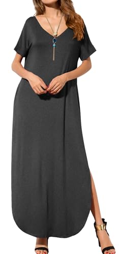 Image of GRECERELLE Women's Summer Maxi Dress Casual Loose V Neck Short Sleeve Side Split Long Dresses with Functional Pockets