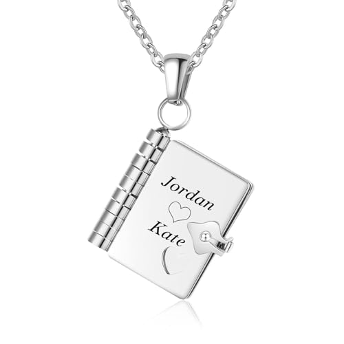 Image of Personalized Story Book Pendant Necklace, Stainless Steel Customizable Locket with Chain, Heart Charm Design, 18.5mm BookPendant, 45cm Chain Length, Gift for Women and Girls