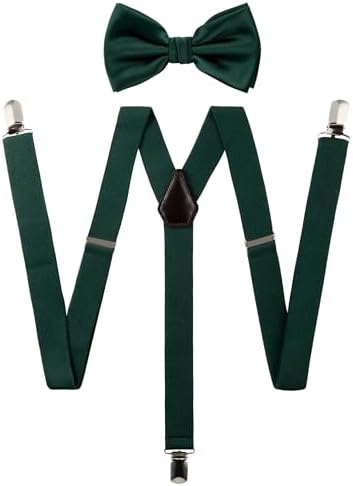 Tie G U Style Solid Color Men's Suspender + Woven Bow Tie Set for Wedding : Vivid Color, Adjustable Brace, Strong Clip, Elastic Band, Hunter reen, Regular