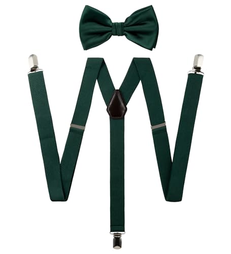 Tie G U Style Solid Color Men's Suspender + Woven Bow Tie Set for Wedding : Vivid Color, Adjustable Brace, Strong Clip, Elastic Band, Hunter reen, Regular