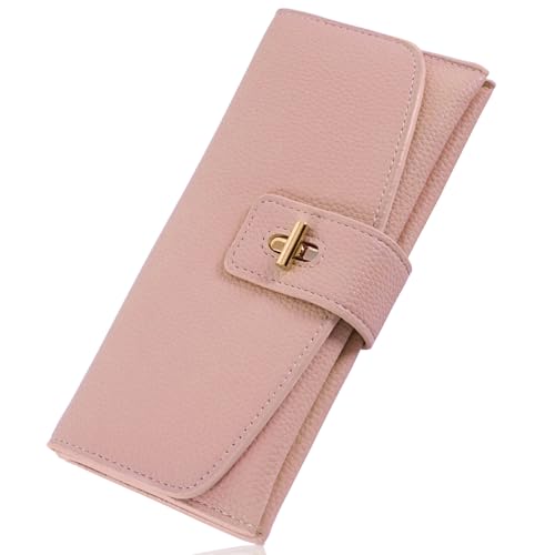SKvoen Long Wallet Women PU Leather Cash Wallets Womens Zipper Anti Theft Wallet Coin Purse Credit Card Holder with 14 Slots for Ladies Money Bag - Pink