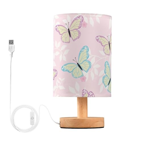 ALAZA Bedside Table Lamp Cute Butterfly Pink Flower Lamp for Girls Boys Bedroom with USB Port LED Kids Nightstand Lamp Wood Base Desk Living Room Decor
