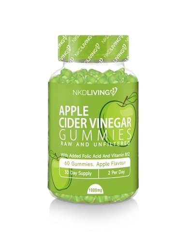 NKD Living No Added Suagr Apple Cider Vinegar Gummies - ACV 1000mg Unfiltered from The Mother - with Added Folic Acid and B12 (60 Vegan Gummies)
