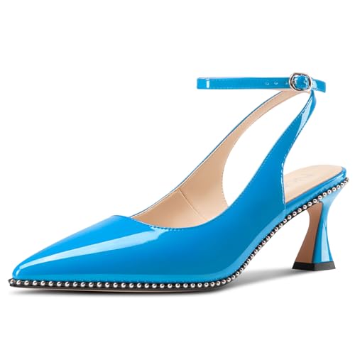 Image of NobleOnly Womens Slingback Heels Beaded Pumps Ankle Strap Pointed Toe Kitten Heels Dress Shoes 2.6 Inches