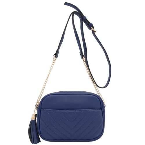 Image of FashionPuzzle Chevron Quilted Crossbody Camera Bag with Chain Strap and Tassel