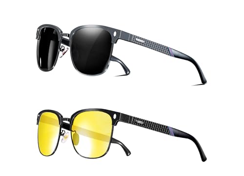 ATTCL Bundle Night Driving Glasses For Mens And Women Sunglasses Al-Mg Metal Frame Ultra Light:(8188-gray)+(8188-yeshi)