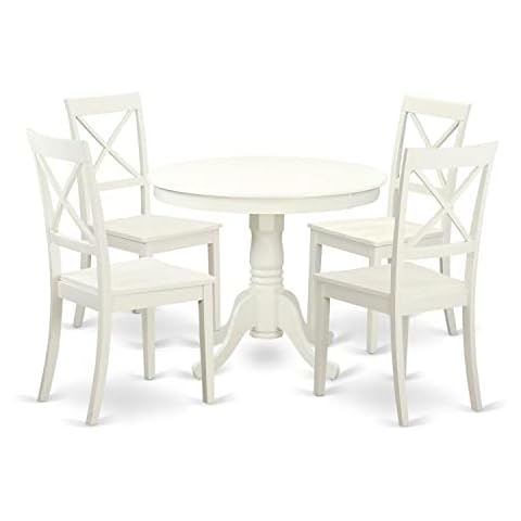 East West Furniture ANBO5-LWH-W 5 Piece Dinette Set for 4 Includes a Round Kitchen Table with Pedestal and 4 Dining Chairs, 36x36 Inch, Linen White Cover