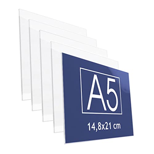 Danieli Store - Soporte de Pared de Metacrilato A5 Horizontal para Carteles. Expositor con Adhesivo Doble Cara para Pared y Cristal. Soporte de Acrílico Transparente para Avisos (5 unidades)
