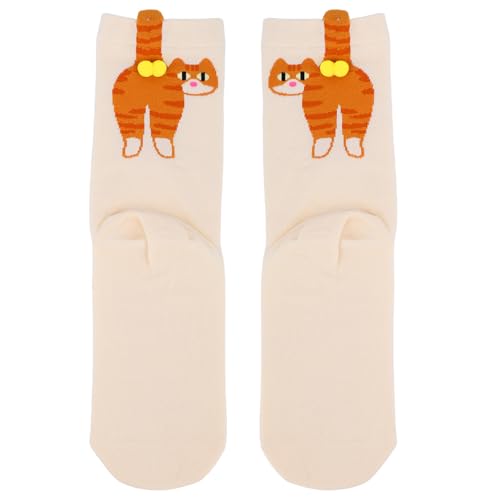 Mikovivi 2uds Calcetines Gato Bonitos para Mujer, Calcetines Animales Cómodos Algodón con Pompones Accesorios Divertidos Amarillos Estilo Gatito para Looks Femeninos