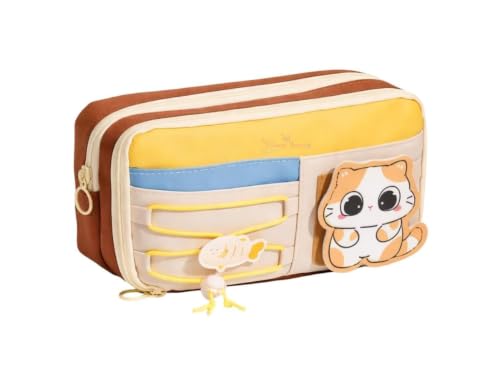 Image of OSDUE Canvas School Bag Pencil Case, 3 Layer 6 Compartment Large Capacity, Aesthetic Pencil Pouch for Stationary, Cute Stationery for Kids, Pencil Case for Girls & Boys (Beige)