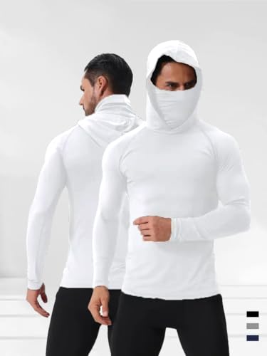 Men's Athletic Hooded T Shirts Compression Running Gym Workout Long Sleeve Active Quick-Dry UPF Tops with Built-in Face Cover2