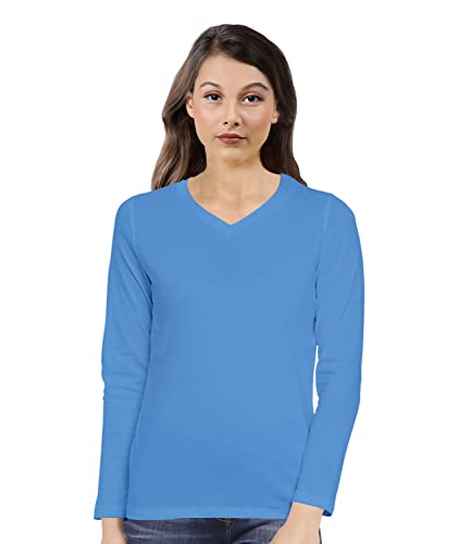 Image of Pooplu Women's Regular Fit Plain V Neck Full Sleeves Multicoloured 100% Cotton Pootlu T Shirt. Stylish, Casual Tshirts