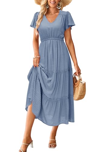 Image of VOTEPRETTY Women's 2026 Summer Boho Maxi Dresses Flutter Short Sleeve V Neck Casual Beach Wedding Guest Vacation Long Dress
