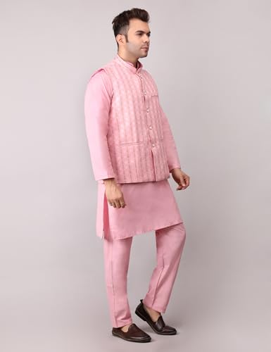 Image of Men's Cotton Silk Blend Regular Kurta Pyjama, Embroidered Nehru Jacket /Waistcoat Set