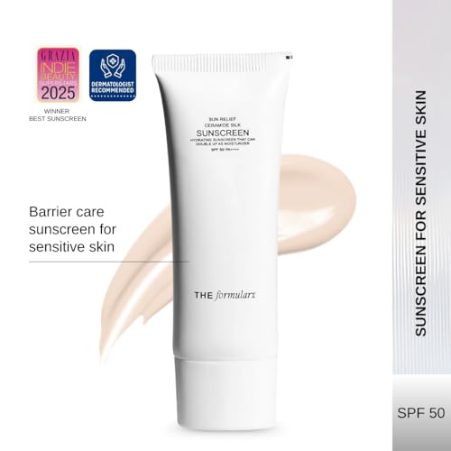 Image of The Formularx Sun Relief Ceramide Sunscreen SPF 50 PA++++ | Broad Spectrum UV & Blue Light Protection | For Oily, Acne prone, Sensitive Skin | Brightening Barrier Care with Niacinamide, Hyaluronic acid, & Peptides | Lightweight, No White Cast | Water & Sweat Resistant | Men & Women | 50g