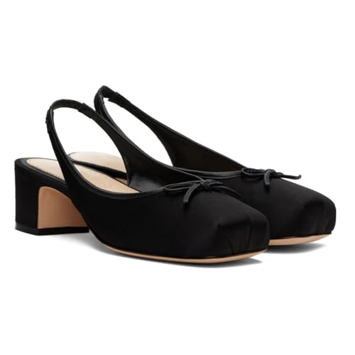 Agodor Slingback Heels for Women Ruched Satin Ballet Mary Jane Shoes with Bow Square Toe Ballerina Pumps Low Chunky Block Heels Elastic Rear Strap Comfortable Dress Ballet Shoes