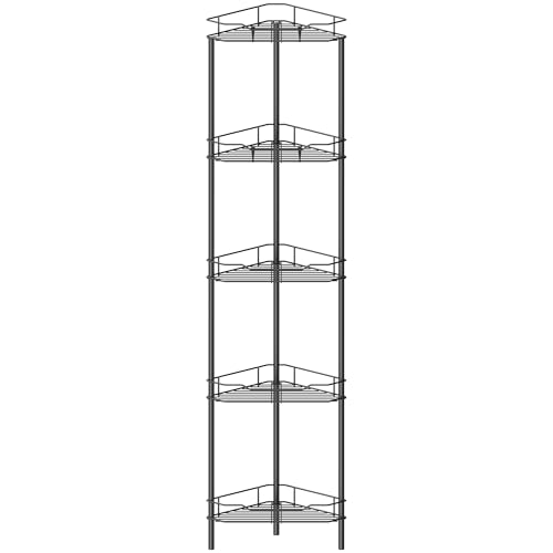 Image of HuggieGems 5 Tier Floor Standing Corner Shower Caddy Organizer Shelf with Hooks, Bathroom Shelves Stand Rack, Black