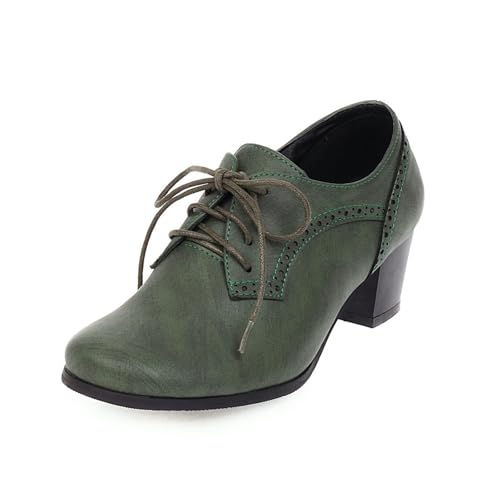 Generisch Damen Vintage Lederschuhe Schuhe Leder Classic Lace Up Chunky Mid Heel Round Toe Oxfords Dress Party Pump Schuhe, Spitze Toe Brogue Pumps mit Blockabsatz