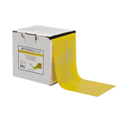 TheraBand Professional Non-Latex Resistance Bands for Upper and Lower Body Exercise Workouts, Physical Therapy, Lower Pilates, and Rehab, 50 Yard Roll Dispenser Box, Yellow, Thin, Beginner Level 2