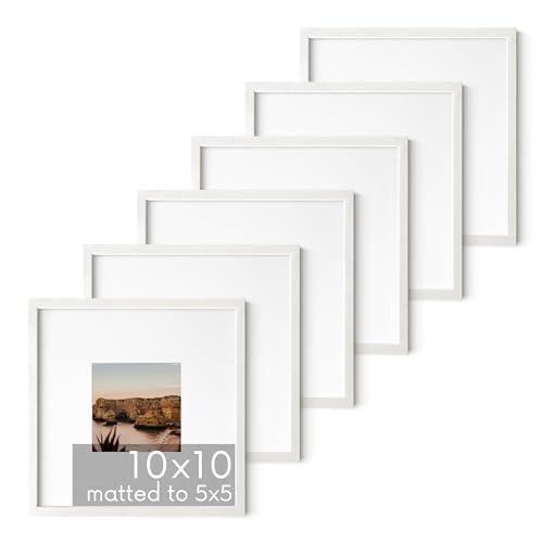 HAUS AND HUES Solid Oak Wood 10”x10” Picture Frames Matted to 5”x5” Set of 6 - Square White Picture Frames 10x10, White Frames 10 x 10, Gallery Wall Frame Set, 10 x 10 White Poster Frames
