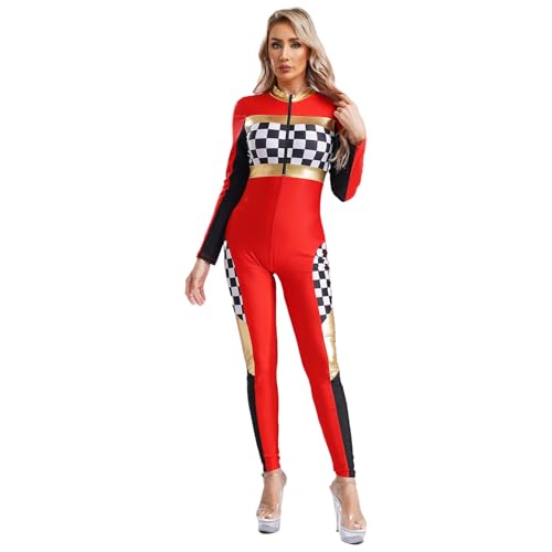 ranrann Rennfahrer Kostüm Damen Overall Ganzkörper Anzug Eng Einteiler Racer Kostüm Uniform Fasching Karneval Kostüm Rot M