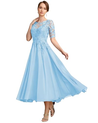 GATMAHE Tea Length Mother of The Bride Dresses Short Sleeve Lace Applique High Low Mother of The Groom Dresses