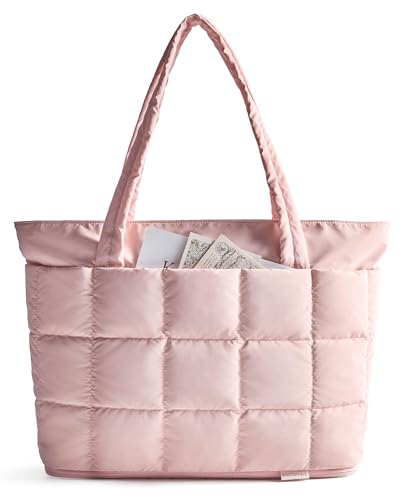 Image of BAGSMART Expandable Tote Bag for Women, Puffer Tote with Zipper, Water-resistant Carry On Quilted Nurse Bag, Light Pink