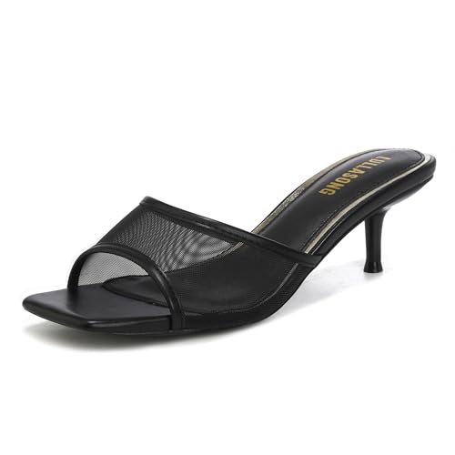 Image of LULLASONG Women's Kitten Heels Sandals Low Heels Slip On Slides 2 Inch Heeled Square Open Toe Sandals for Women