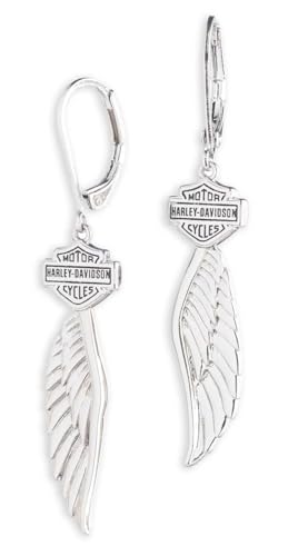 Harley-Davidson Womens Script Bar & Shield Winged Logo Drop Earrings Silver