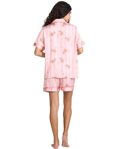 Image of YiNi LuLu Womens Silk Satin Shorts Pajamas Set Button Down 2 Piece Pjs Short Sleeve Oversized Sleepwear with Pockets