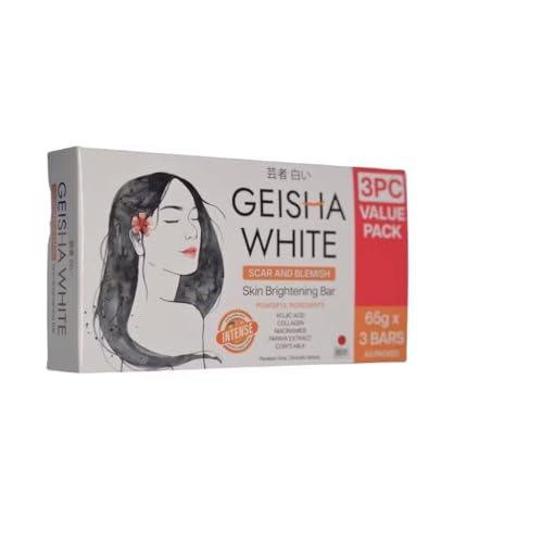Geisha White Skin Brightening Soap Bar with Kojic Acid and Collagen, 65g x 3 Bars, Scar and Blemish Care