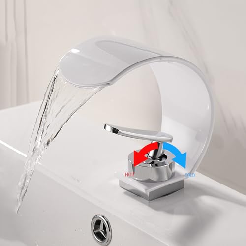 Grifo lavabo cascada sin salpicaduras monomando curvo de acero inoxidable blanco para aseo 6
