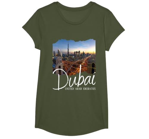 Retro Dubai Souvenir/Dubai T-Shirt, Girls, Olive Green, X-Small