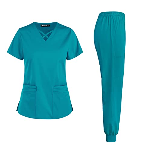niaahinn Scrub Sets for Women V-Neck Top Two Pocket & Jogger Pants Medical Uniform Ultra Soft for Doctor & Nurse (Lake Blue,S,Small)
