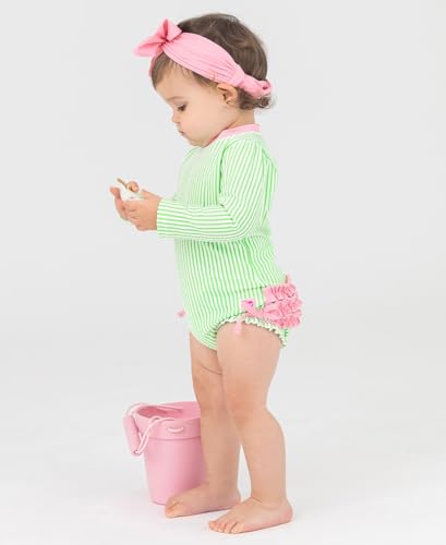 Image of RuffleButts Baby-Girls Seersucker Long Sleeve Rash Guard - One Piece Swimsuit UPF 50+ Toddler