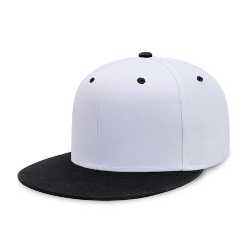 CHOK.LIDS Flat Bill Visor Classic Snapback Hat Blank Adjustable Brim High Top End Trendy Color Style Two Tone Baseball Cap (White-Black)